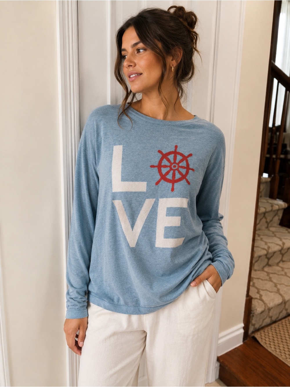 Bass LOVE Nautical Long Sleeve Tee Blue Coastal Beachy lightweight XL Cotton